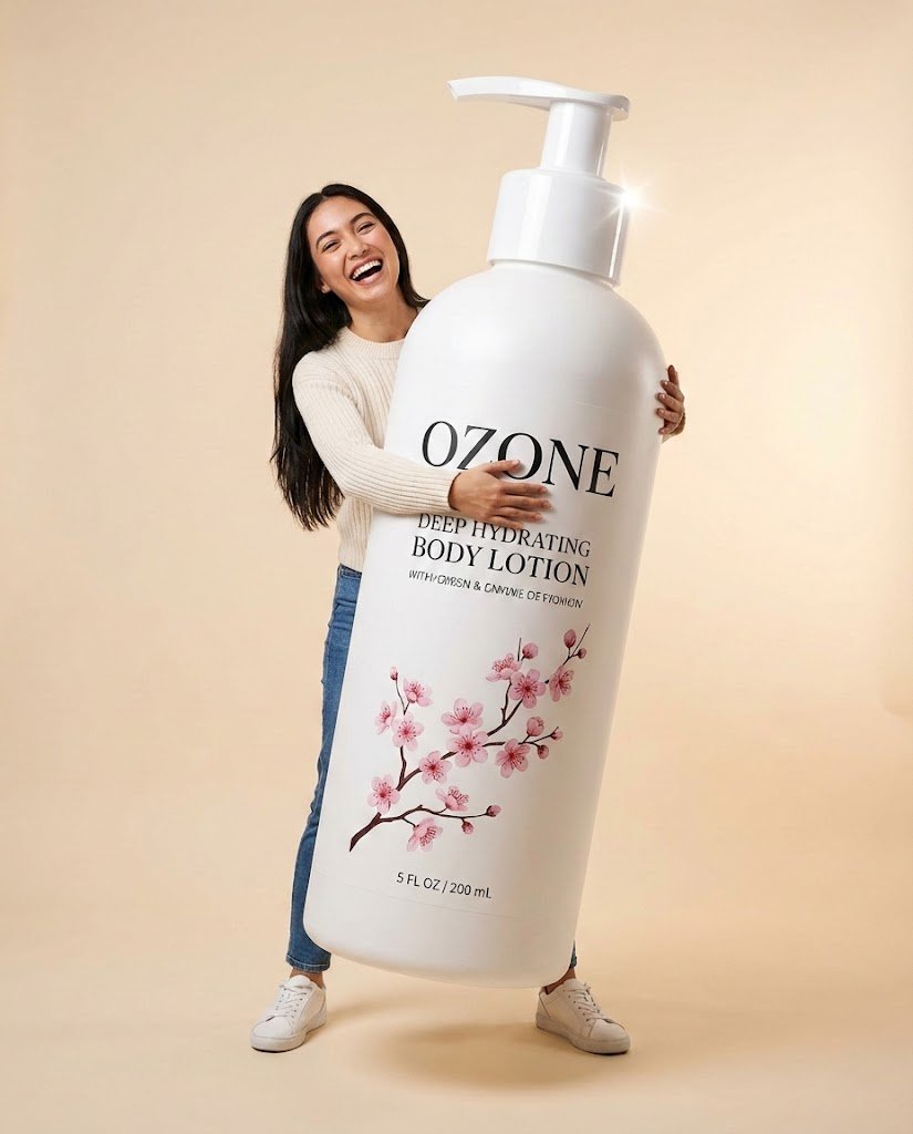 Studio Commercial Shot of Woman Hugging Giant Lotion Bottle AI image template preview