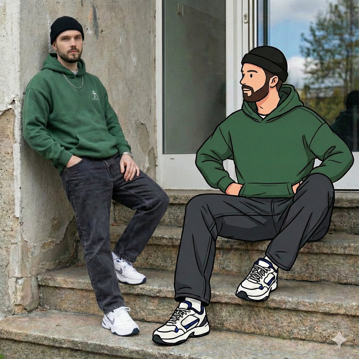 Mixed Reality Street Portrait with Cartoon Twin AI image template preview