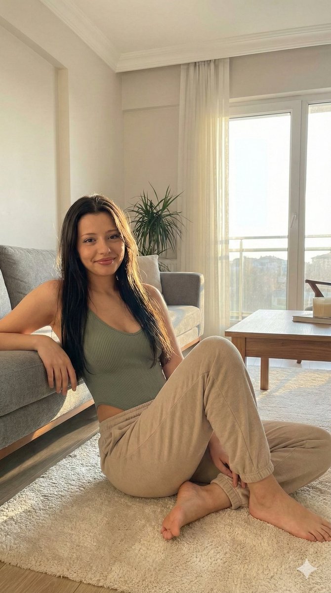 Candid Portrait in Sunlit Minimalist Apartment AI image template preview