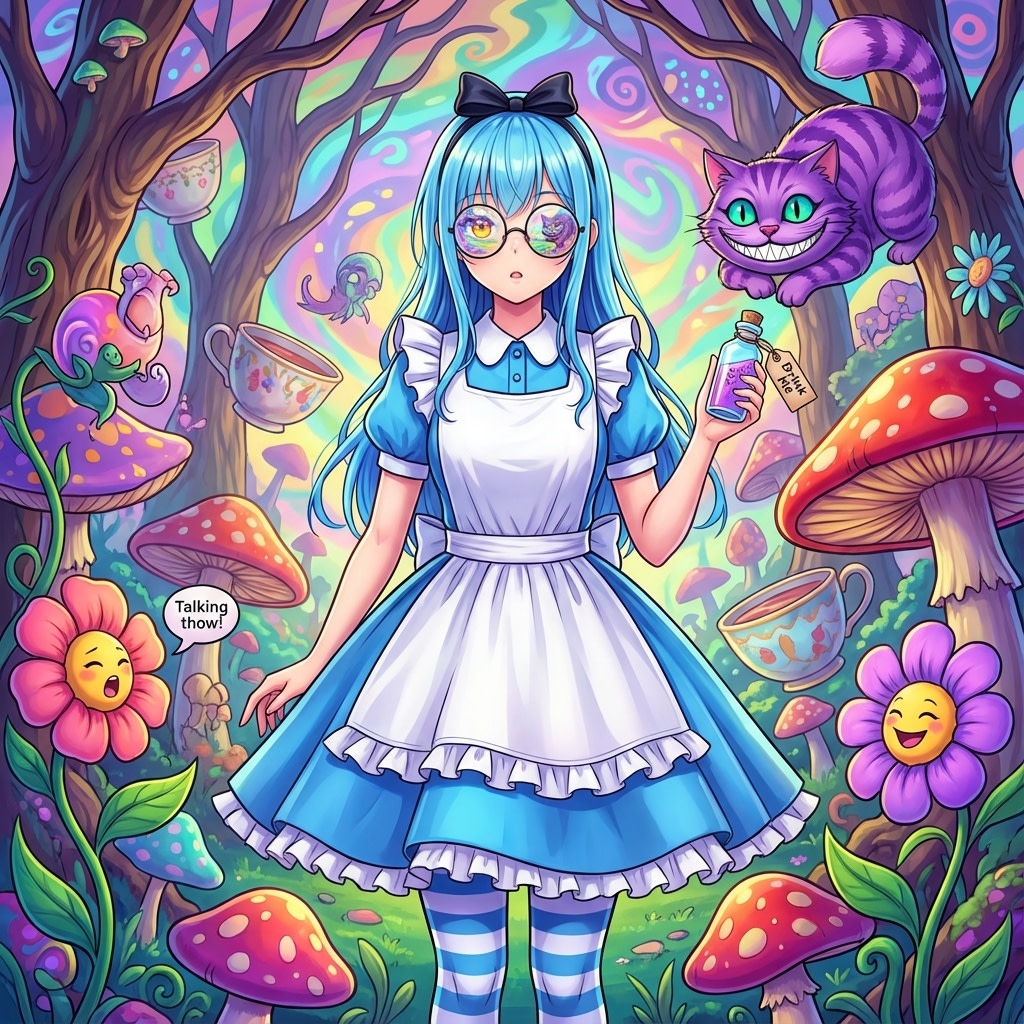 Alice in Wonderland Transformation Prompt AI image template preview