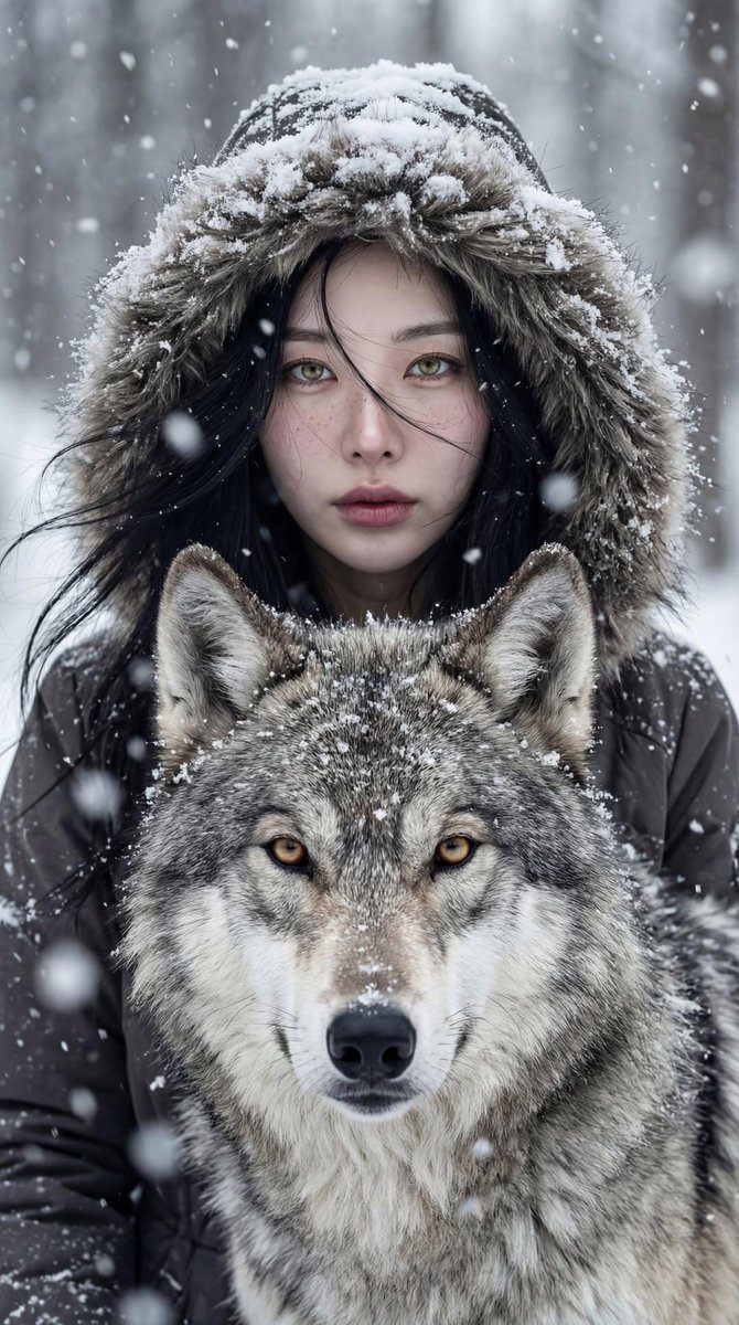 Cinematic Winter Portrait: Woman and Wolf AI image template preview