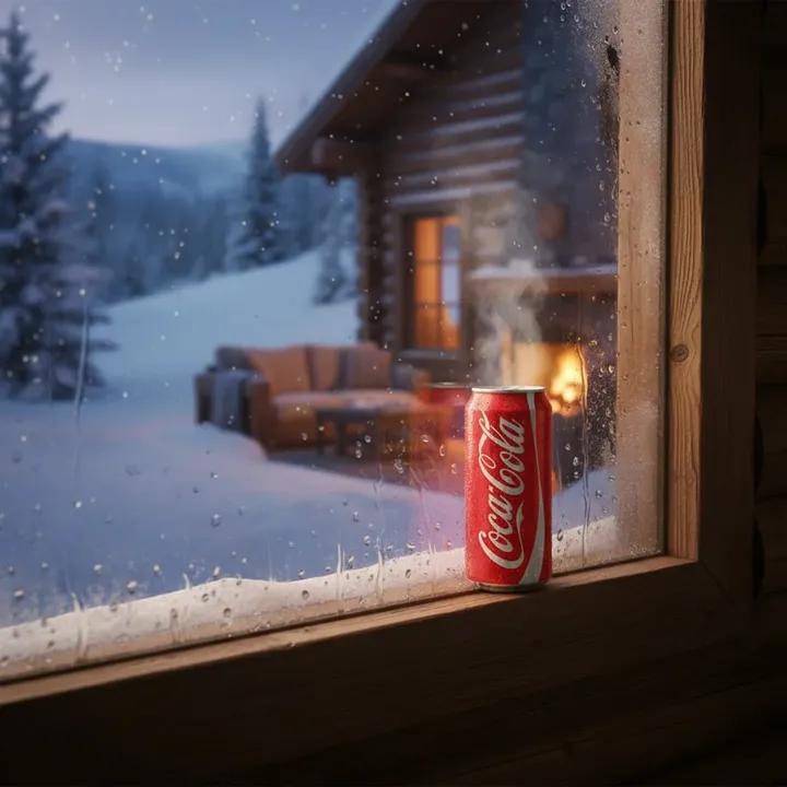 Winter Cabin Scene with Frosted Window and Coca-Cola Can AI image template preview