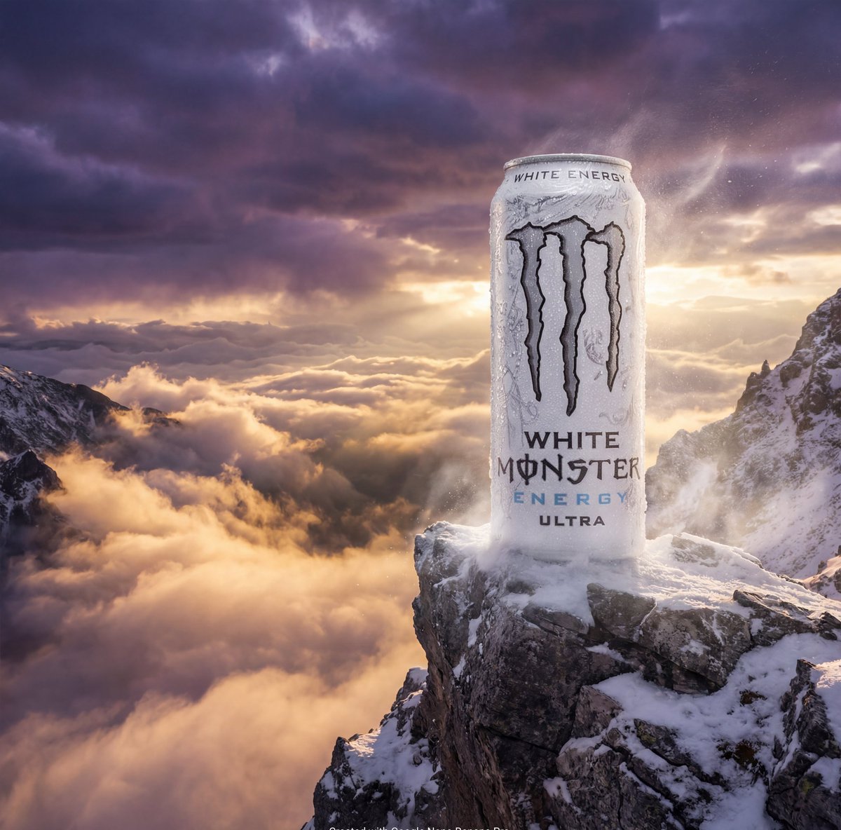 Product Ad: Monster Energy Can on Mountain Peak AI image template preview