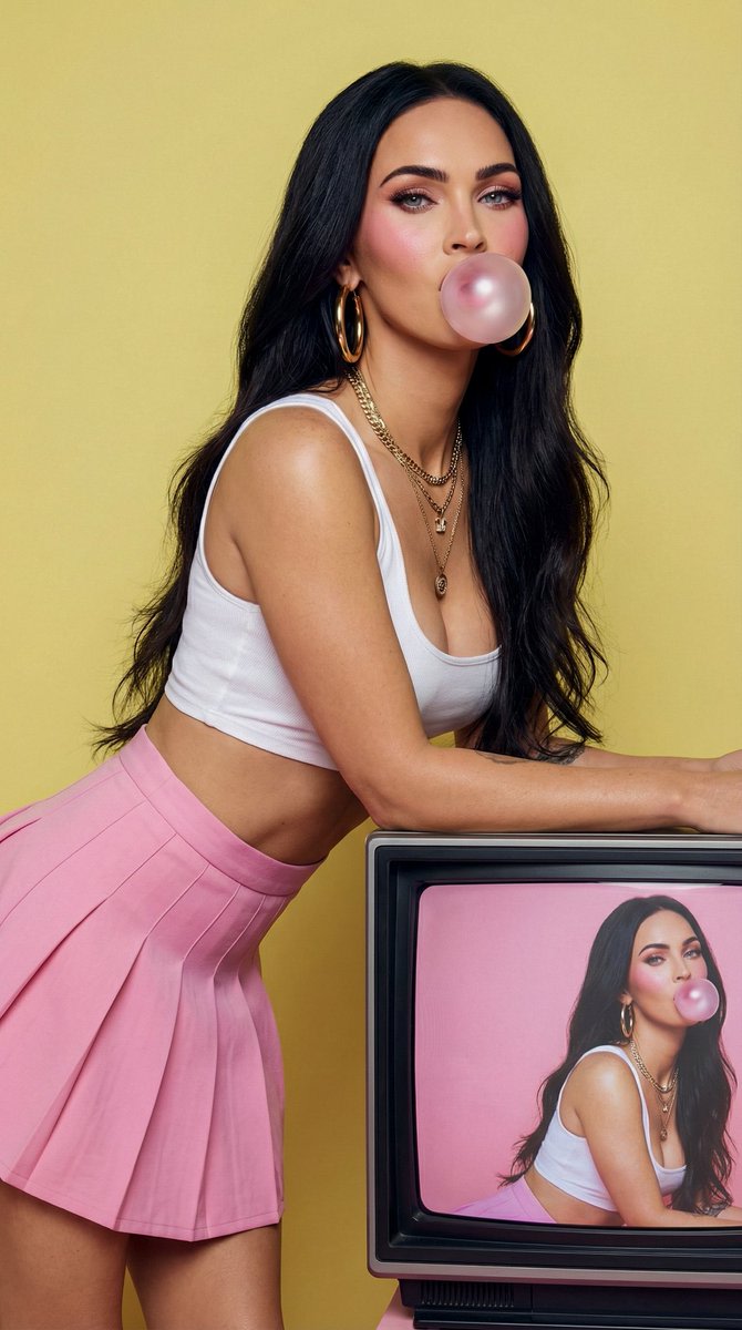Fashion Editorial: Woman Blowing Bubblegum on Retro TV AI image template preview