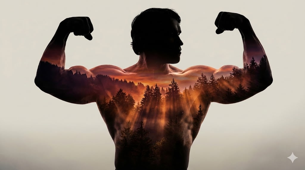 Arnold Schwarzenegger Silhouette with Volumetric Mountain Forest AI image template preview