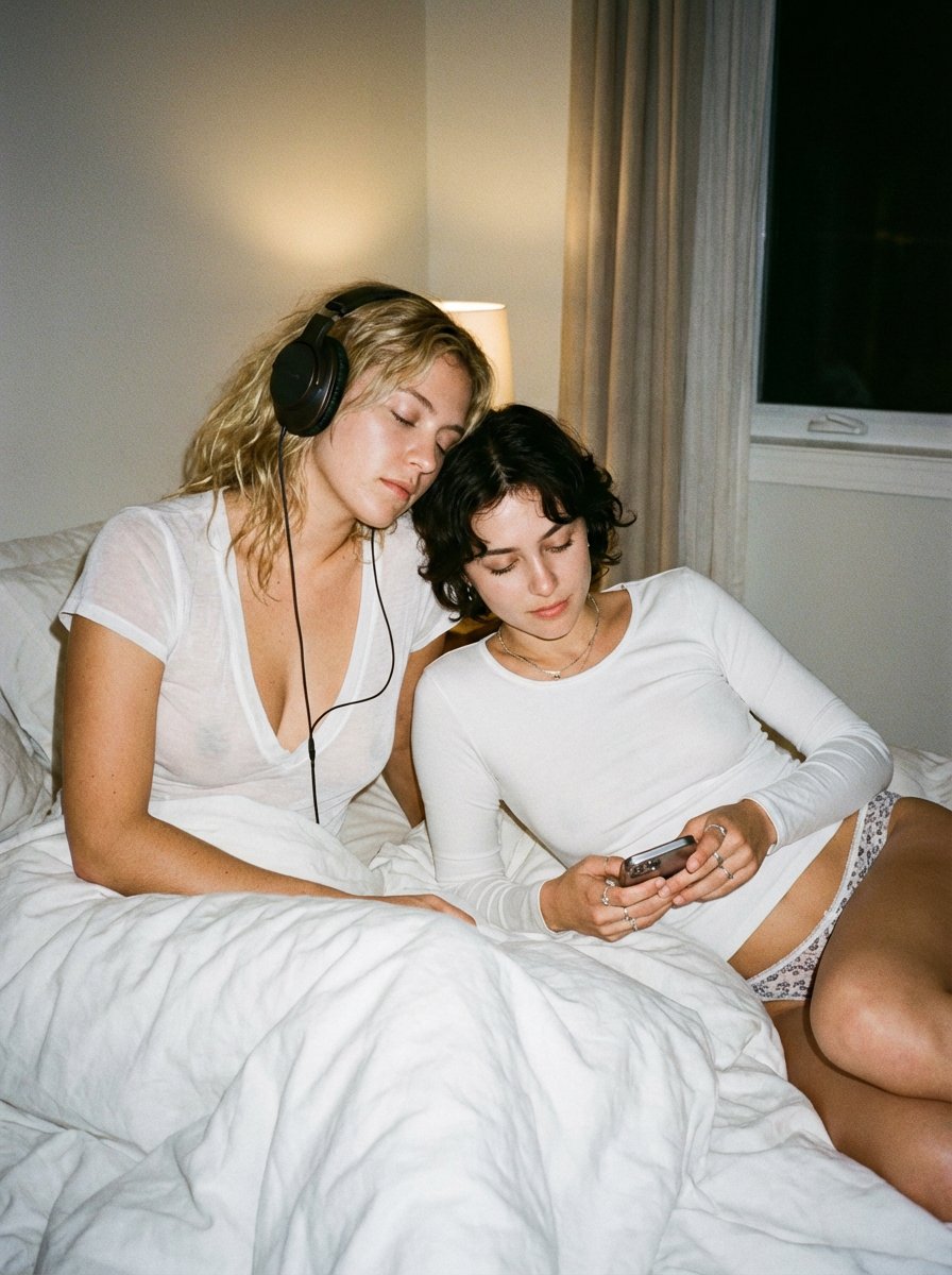 Intimate Candid Lifestyle Photo of Two Women on White Sheets AI image template preview