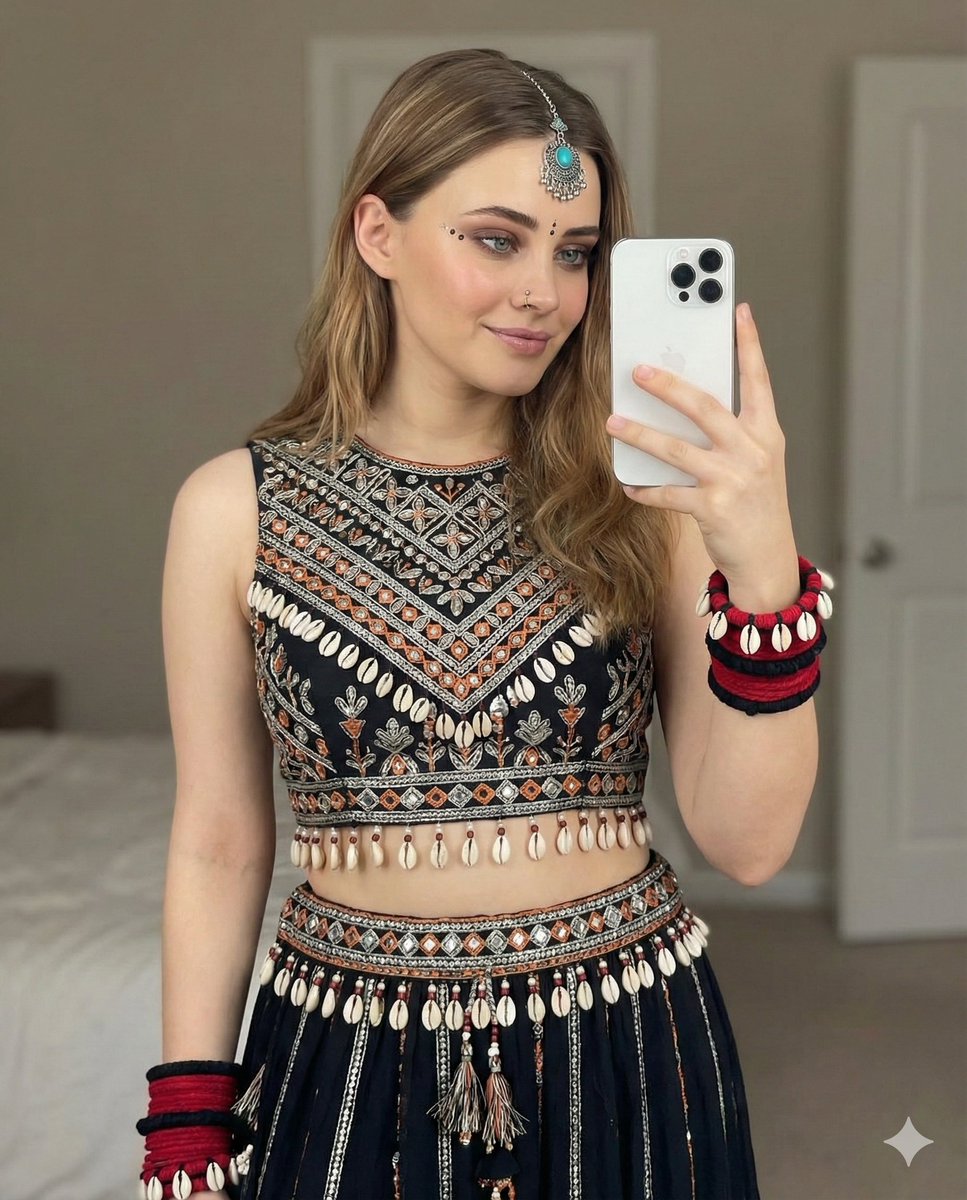 Bohemian-Indian Fusion Mirror Selfie Prompt AI image template preview