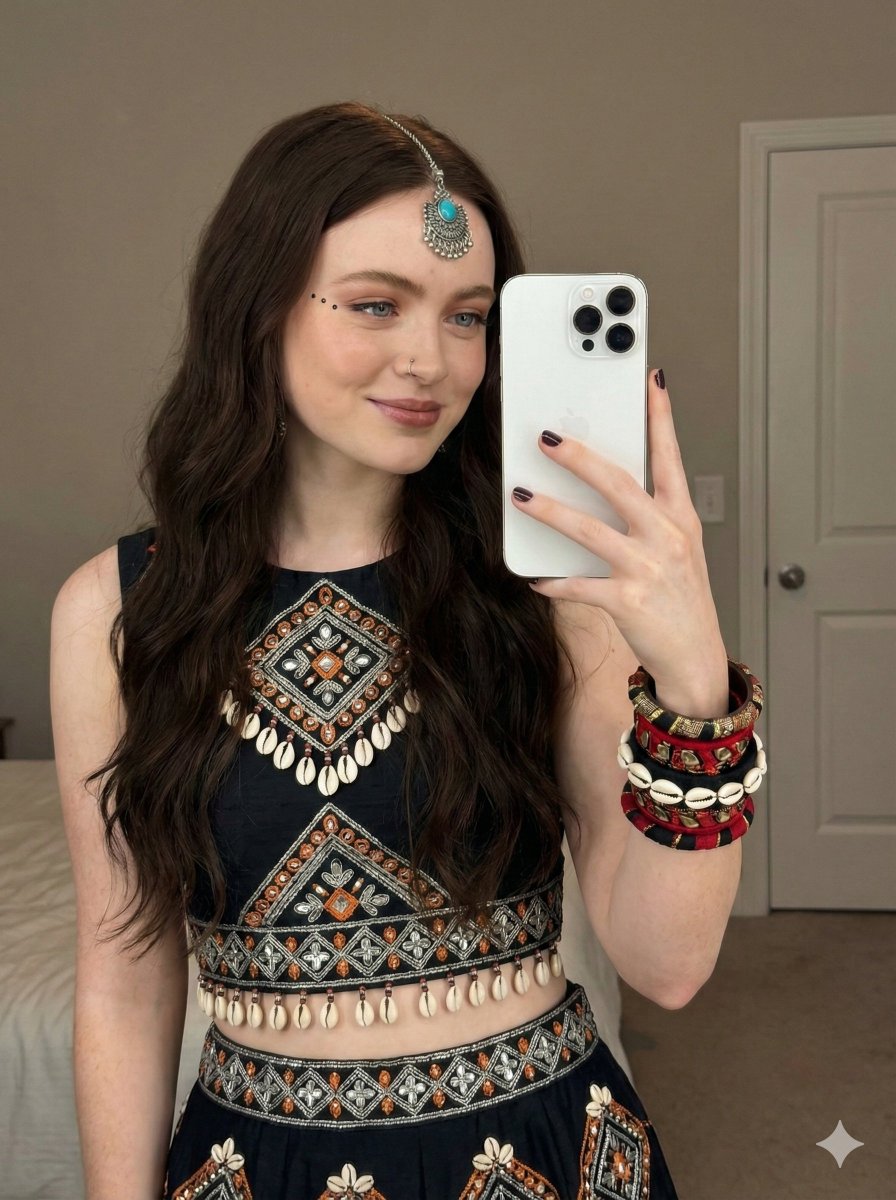 Bohemian-Indian Fusion Mirror Selfie Prompt example 2
