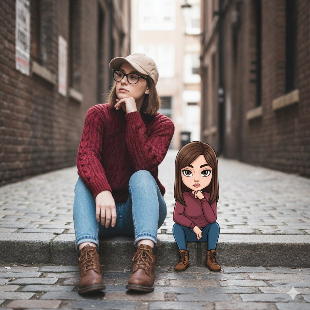Cinematic Street Portrait with Whimsical Illustrated Avatar AI image template preview