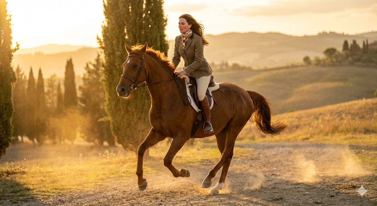 Dynamic Equestrian Model in Tuscan Fields at Golden Hour AI image template preview