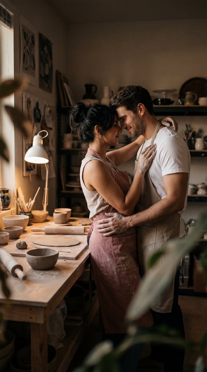 Cinematic Pottery Studio Couple Embrace Prompt AI image template preview