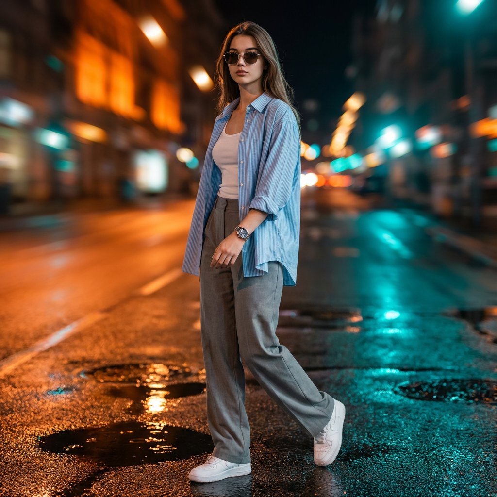 Cinematic Urban Night Portrait with Neon Reflections on Watch AI image template preview