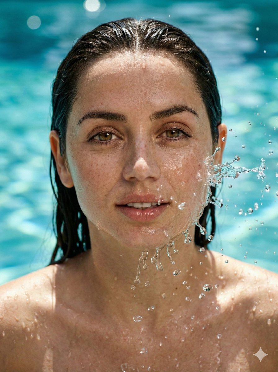 Hyper-Realistic Portrait of Sydney Sweeney in Water Splash AI image template preview
