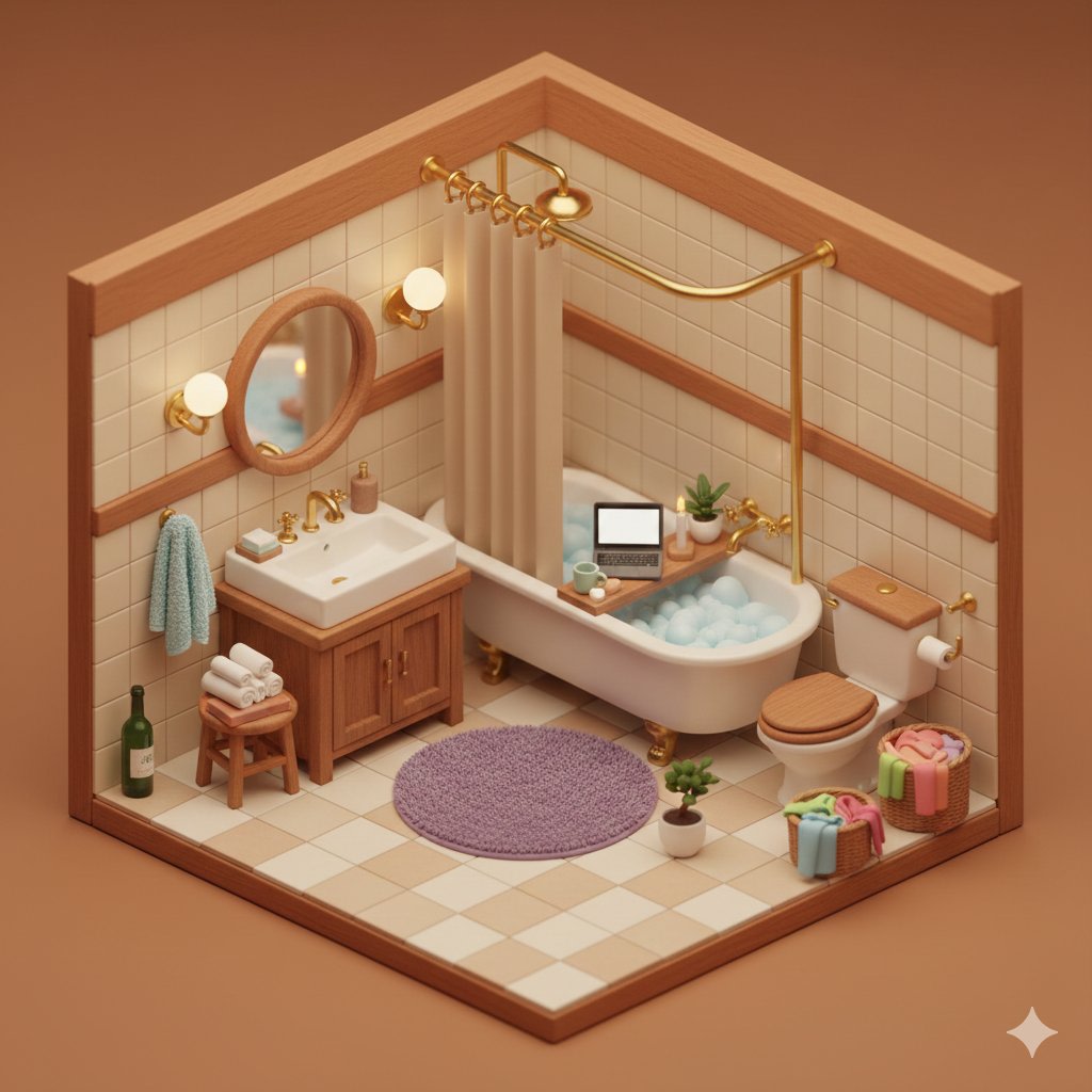 Isometric Cozy Bathroom Diorama Prompt AI image template preview