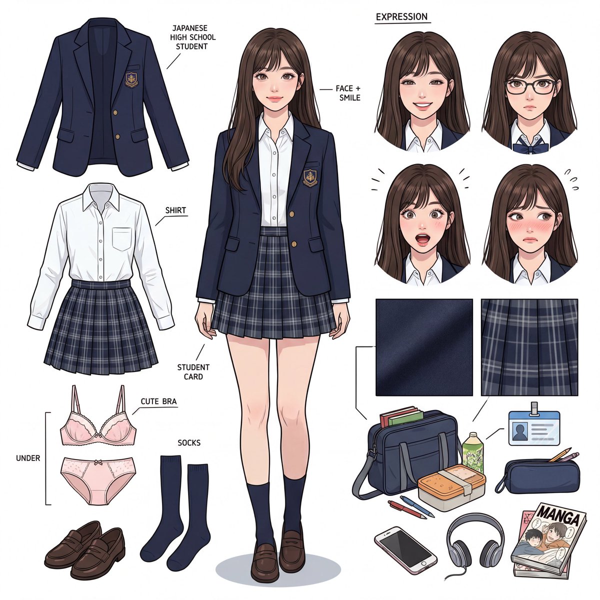 Panoramic Character Concept Sheet for 17-Year-Old Japanese JK AI image template preview
