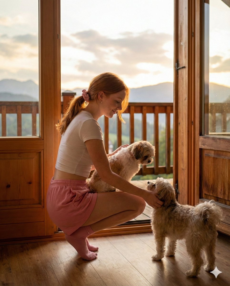 Golden Hour Cabin Portrait with Puppies Prompt AI image template preview
