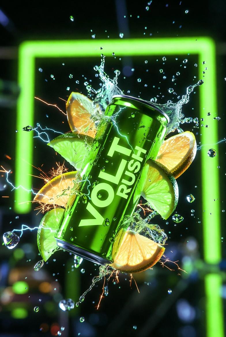 Ultra-Cinematic Product Photography of 'VOLT RUSH' Energy Drink AI image template preview