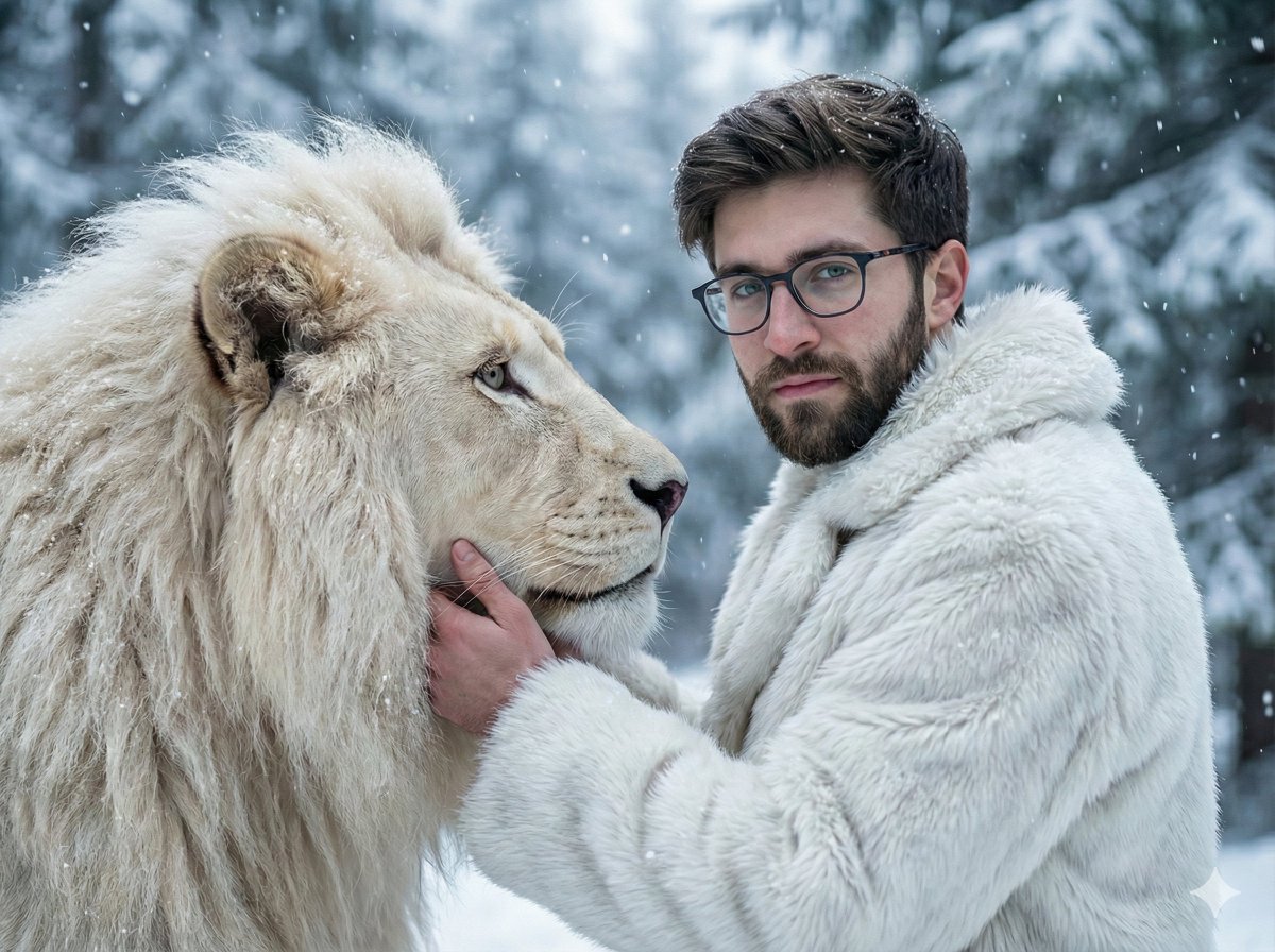 Cinematic Portrait of Man and White Lion in Snowy Forest AI image template preview