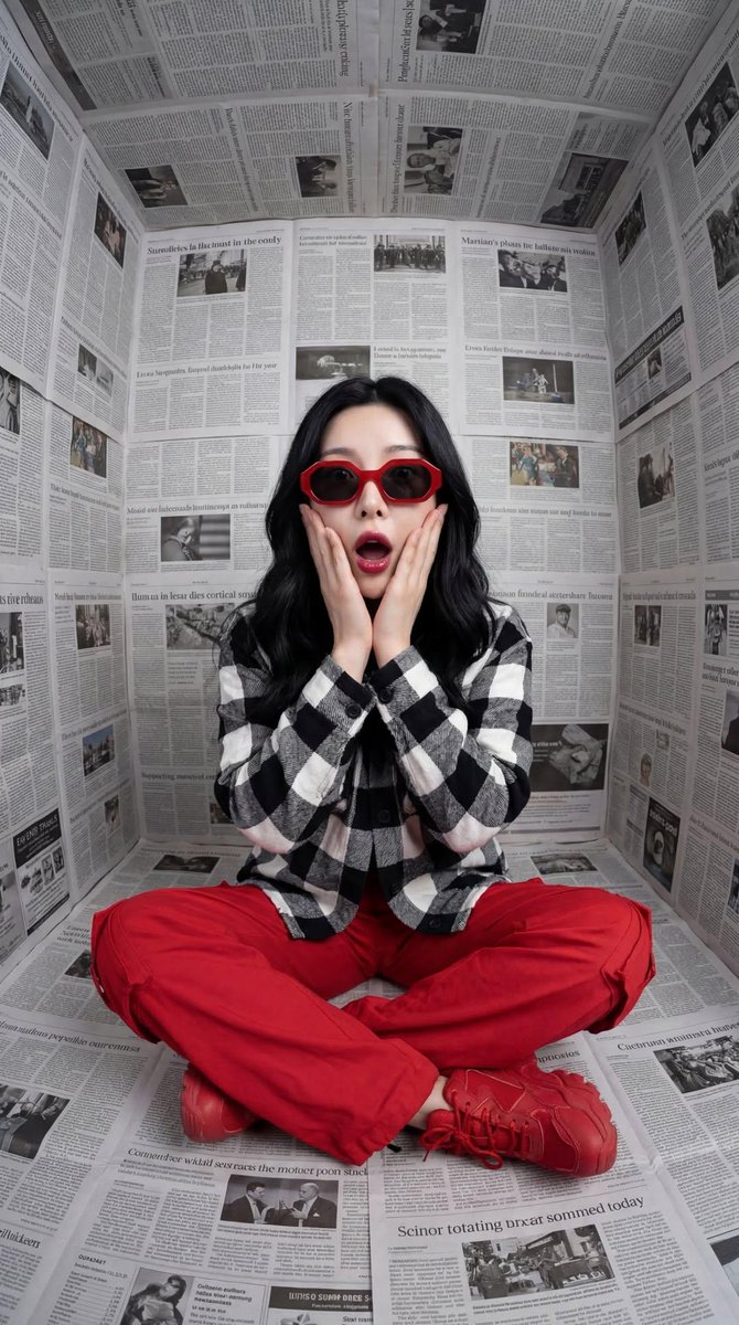 Surreal Editorial Fashion Portrait with Newspaper Background AI image template preview