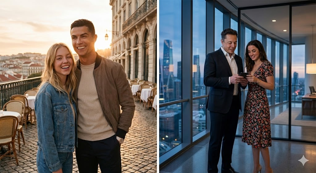 Celebrity Pairing Split-Screen Collage Prompt AI image template preview