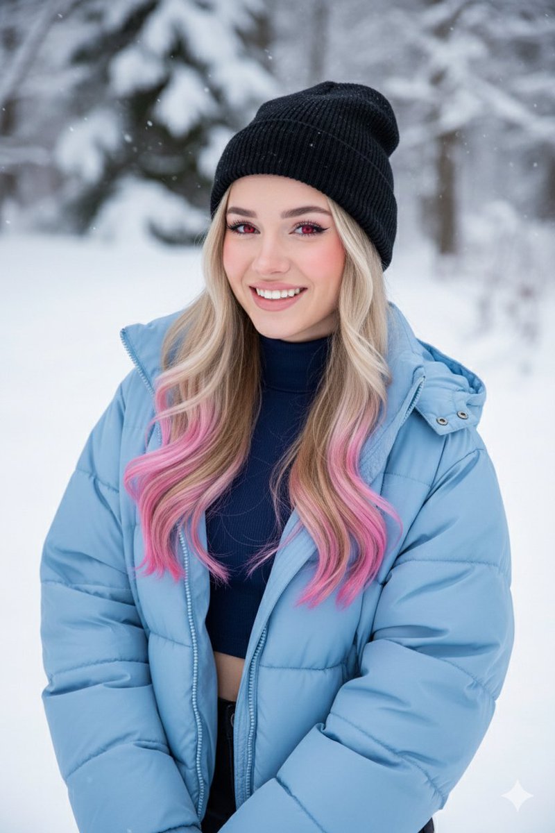 Digital Art Portrait of Girl with Pink-Tipped Hair in Winter AI image template preview