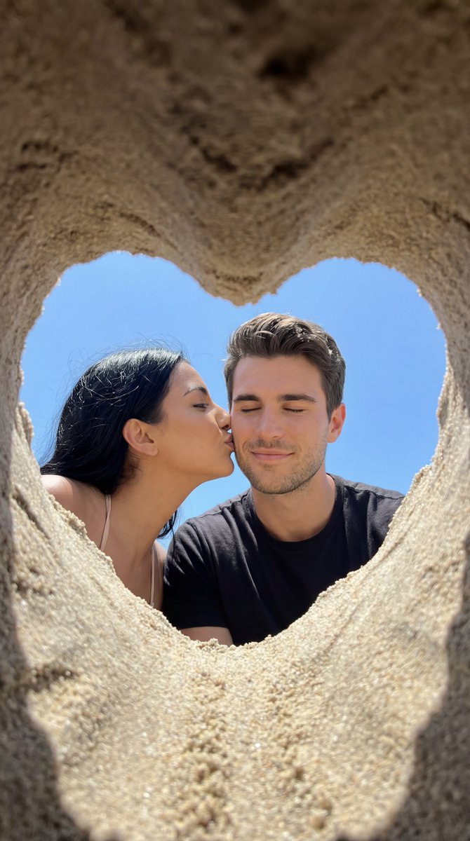 Candid Beach Kiss Framed by Sand Heart AI image template preview