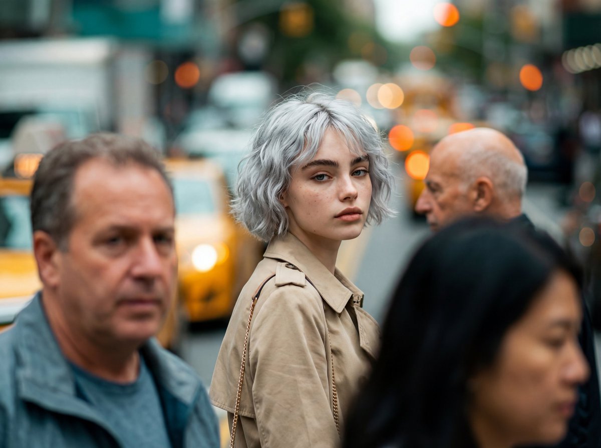 Photorealistic Candid Street-Fashion Portrait with Extreme Bokeh AI image template preview