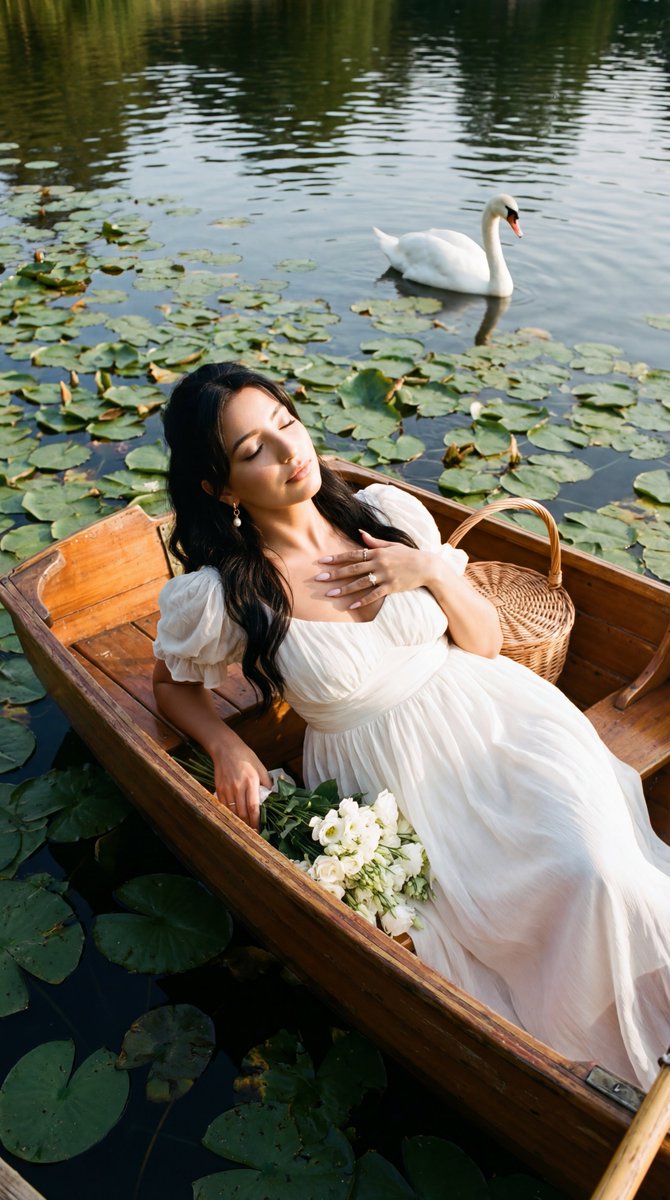 Poetic Realism of a Woman in a Boat with a Swan AI image template preview