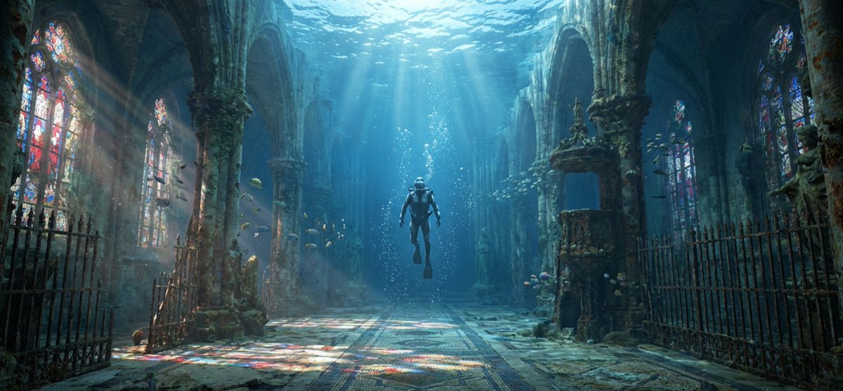 Cinematic rainy street, underwater cathedral, and design-to-photo AI image template preview