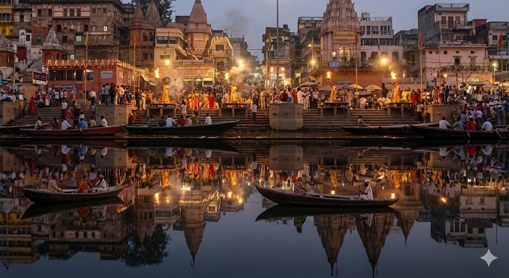 Varanasi ghats dual-timeline reflection scene AI image template preview