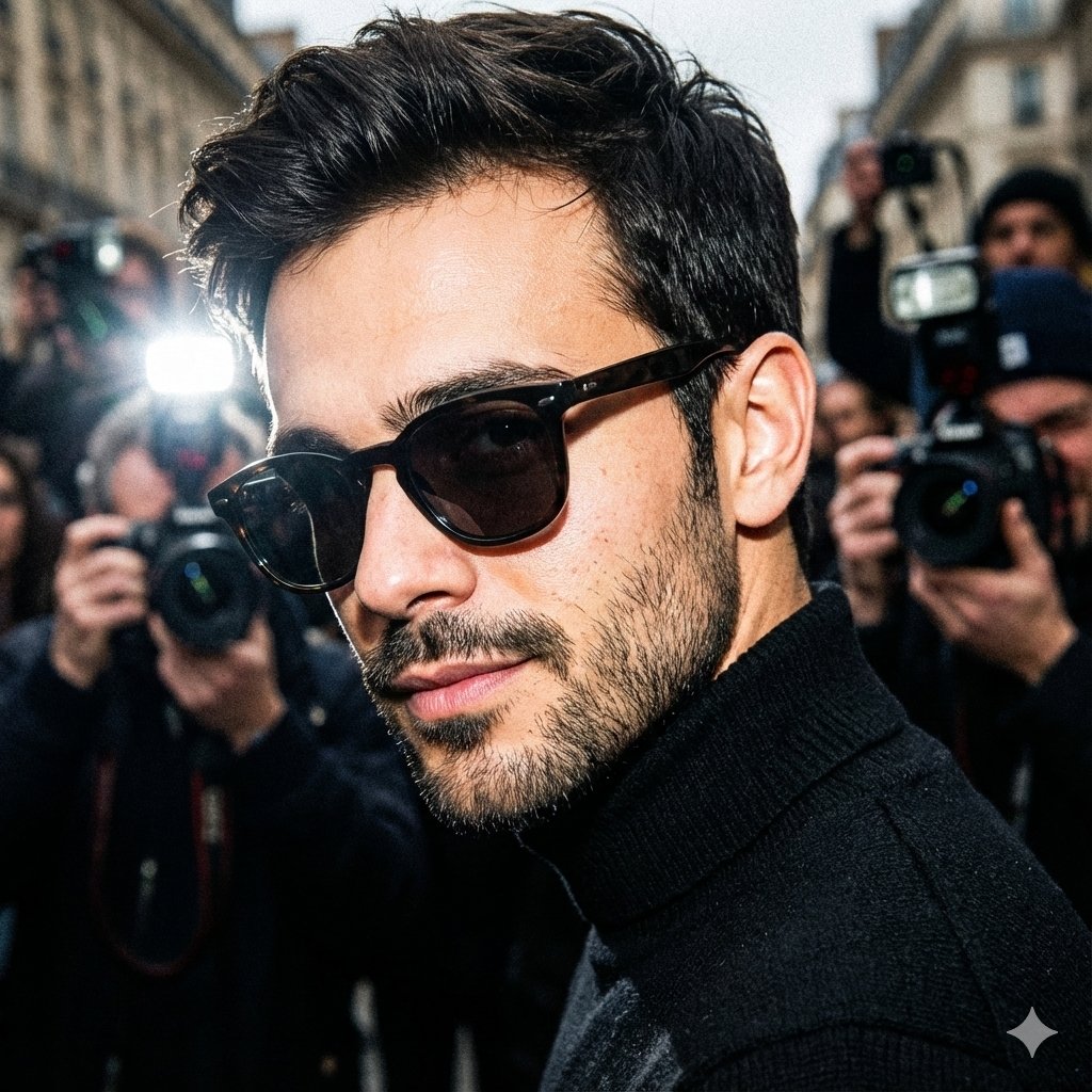Unplanned paparazzi-style street portrait of a man AI image template preview