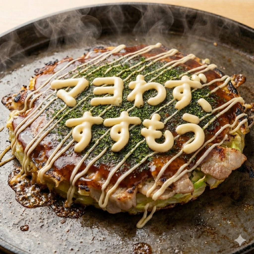 Close-up 1:1 image of hot okonomiyaki AI image template preview
