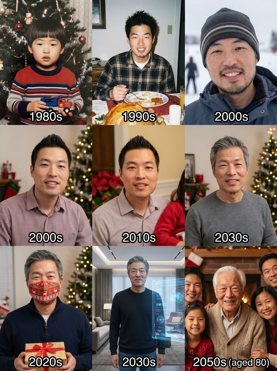 Holiday photos across a lifetime AI image template preview