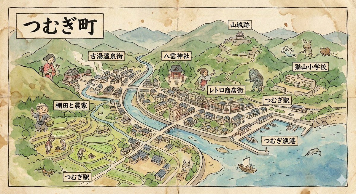 Hand-drawn map of a fictional Japanese town AI image template preview