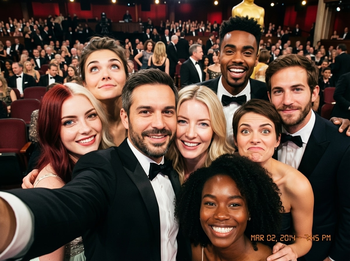 Oscars selfie as a character-select game screen AI image template preview