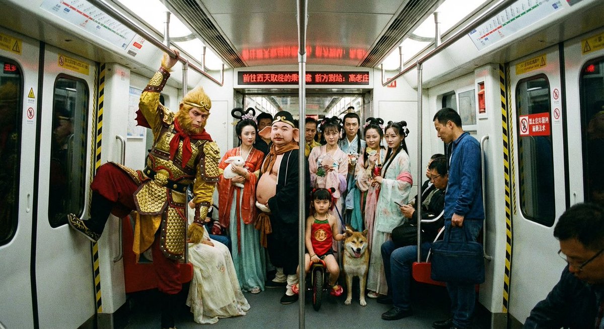 Mythical characters on a crowded Beijing subway AI image template preview
