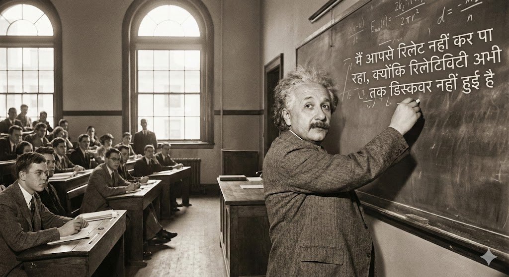 Einstein teaching at MIT with Hindi joke text AI image template preview
