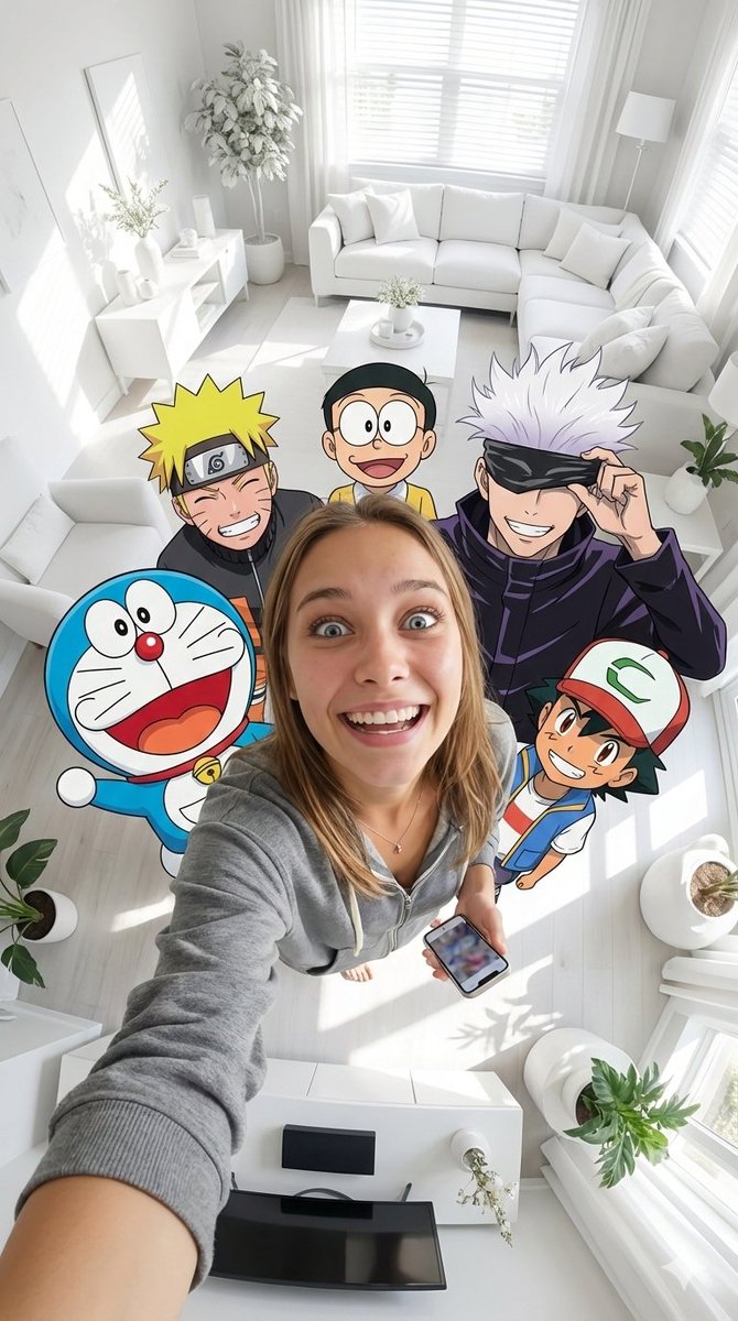 Fisheye selfie with anime characters AI image template preview