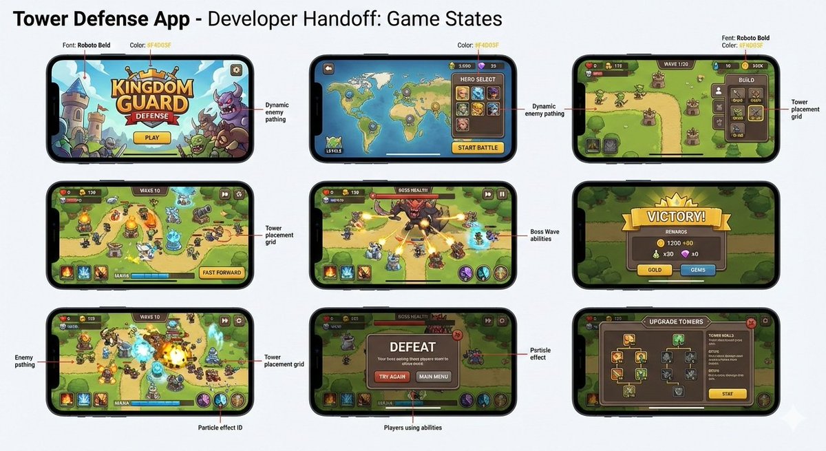 Tower defense mobile app design mockup grid AI image template preview