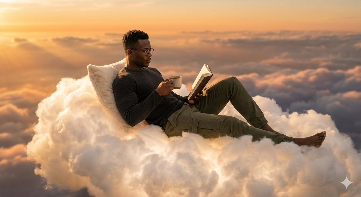 Person relaxing on glowing cloud above the sky example 2
