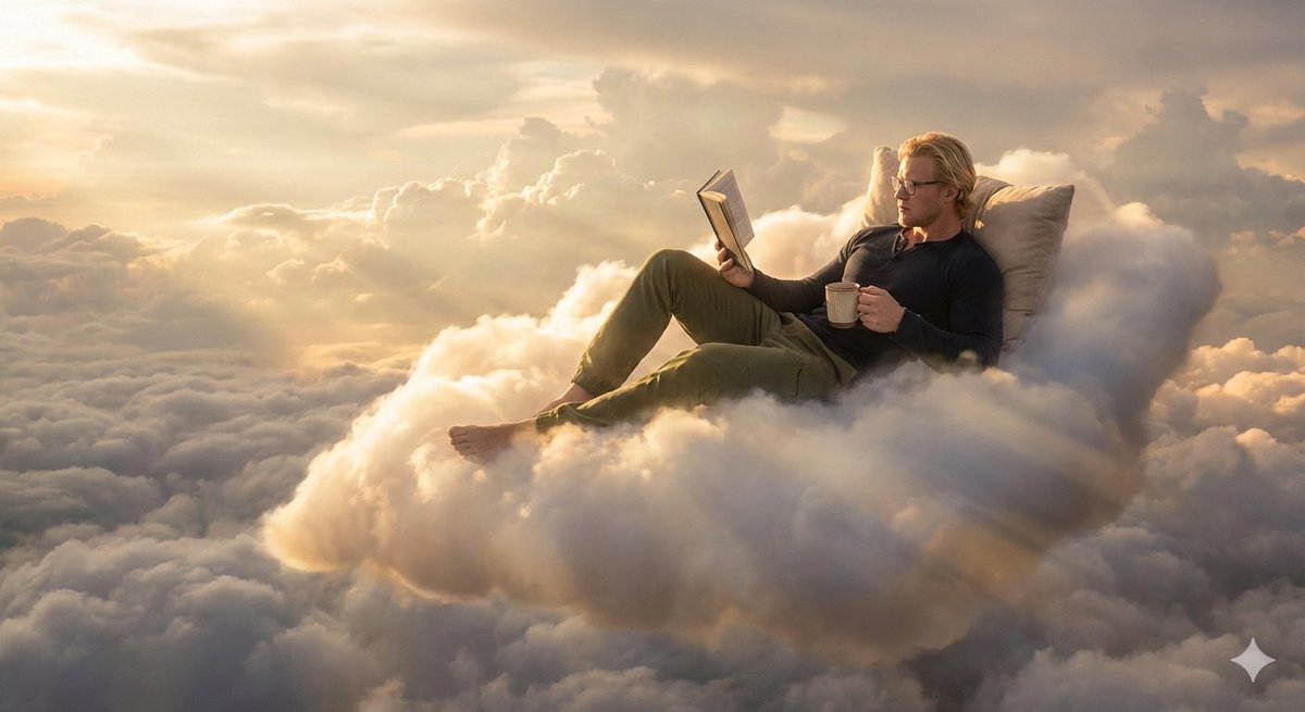 Person relaxing on glowing cloud above the sky example 3