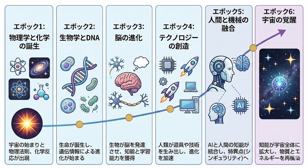 Illustration explaining Kurzweil’s six epochs in Japanese AI image template preview