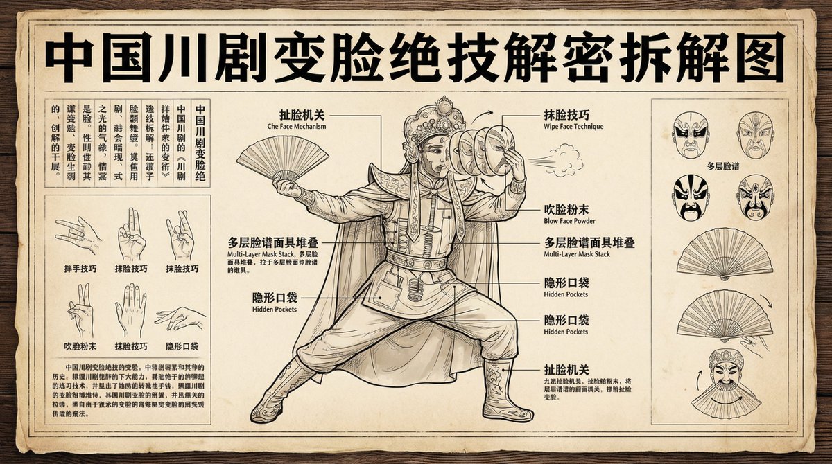 Sichuan opera face-changing technique infographic AI image template preview