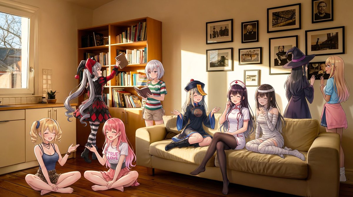 Nine-character group scene in living room background AI image template preview