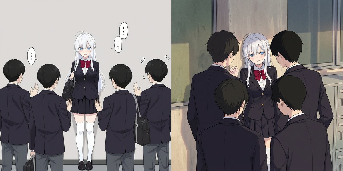 Girl cornered by three male students AI image template preview