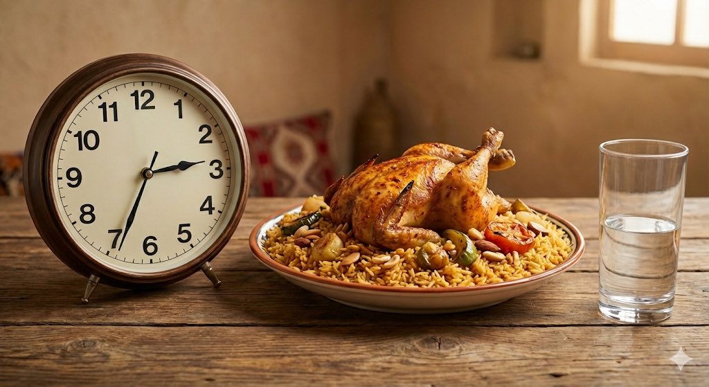 Analog clock and Saudi kabsa meal still life AI image template preview