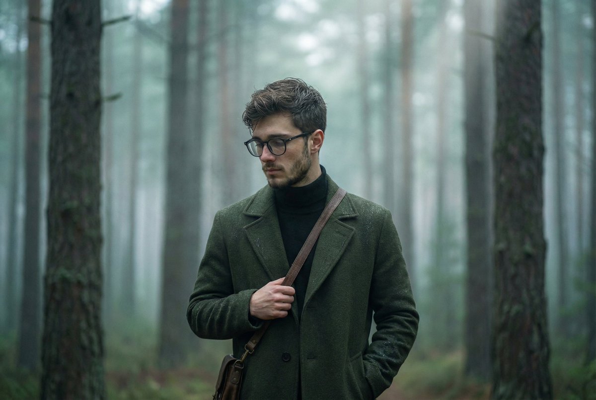 Foggy pine forest cinematic portrait AI image template preview