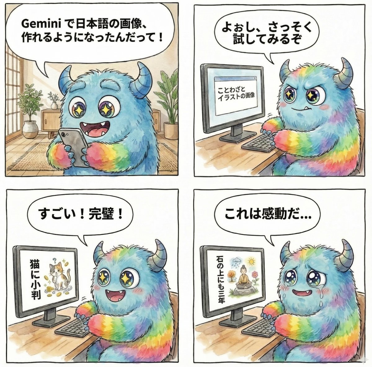 4-panel manga about Gemini generating Japanese text images AI image template preview