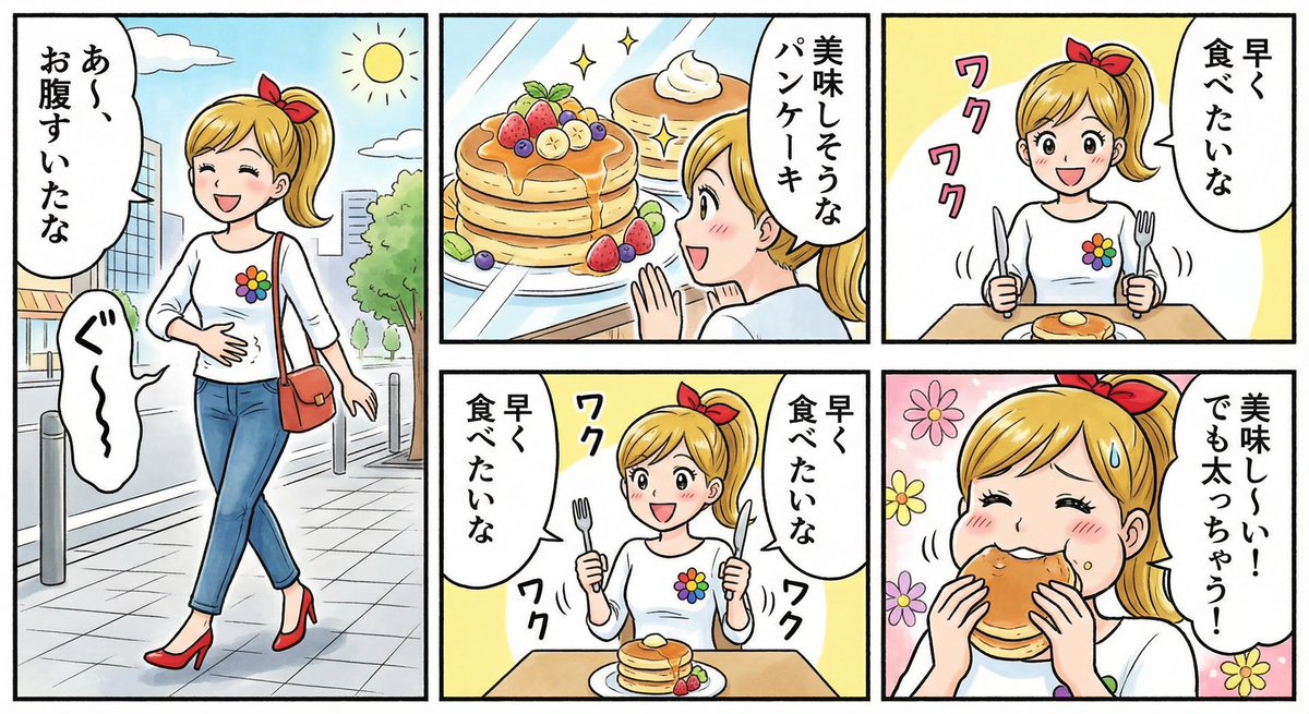 Four-panel manga about a hungry woman and pancakes AI image template preview