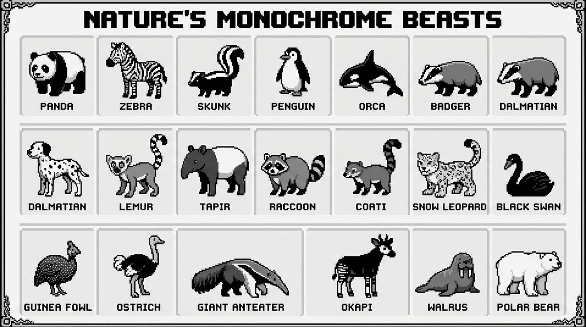 16-bit pixel art poster of black-and-white animals AI image template preview